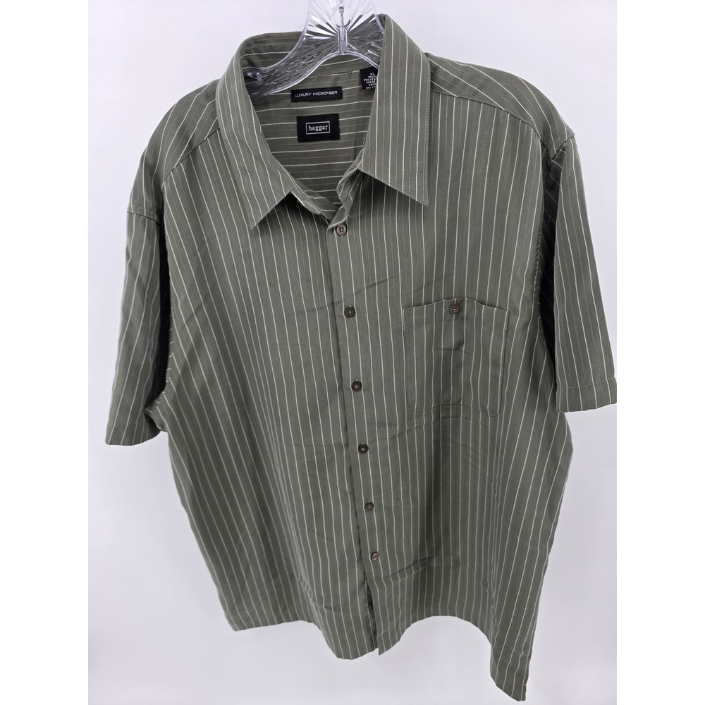 Haggar Luxury Microfiber Mens XL Green Pinstripe Short Sleeve Button Down Shirt